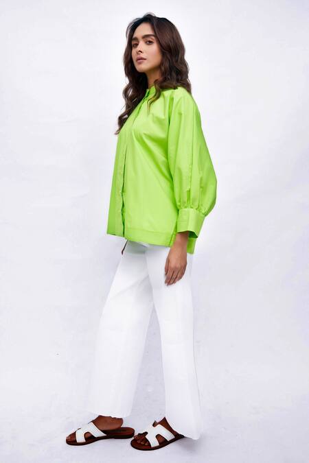 Buy_Studio Moda India_Green Cotton Embroidery Collared The Blair Garden Shirt _Online_at_Aza_Fashions