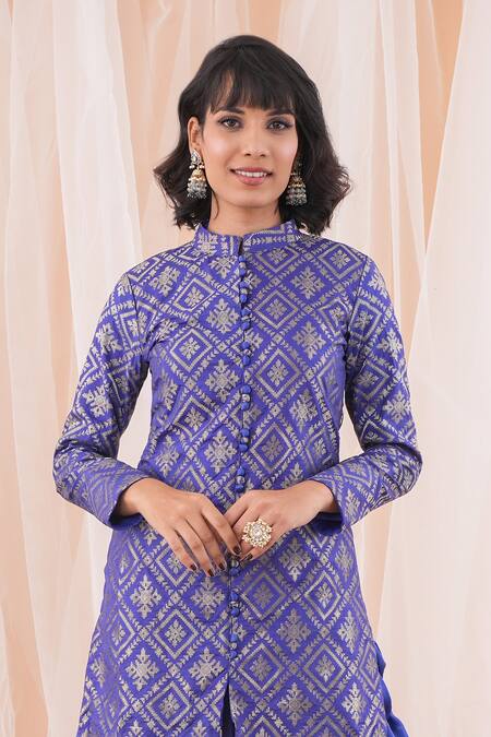 Farha Syed_Blue Brocade, Modal, Silk Satin Floral Banarasi Woven Jacket And Dhoti Pant Set _Online_at_Aza_Fashions