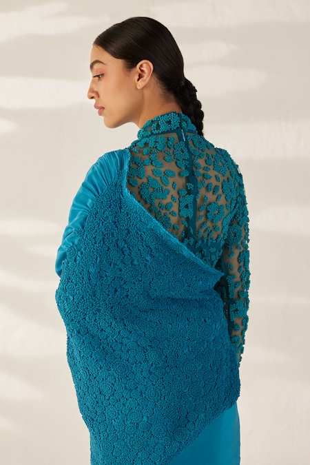 Shop Ilk Blue Net Embroidered Bead Band Collar Star Blouse at Aza Fashions Shop_Ilk_Blue Net Embroidered Bead Band Collar Star Blouse_at_Aza_Fashions