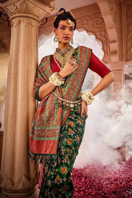 Kaaisha By Shalini Green Brocade, Silk Patola Print Banarasi Saree With Unstitched Blouse Piece Online at Aza Fashions Kaaisha By Shalini_Green Brocade, Silk Patola Print Banarasi Saree With Unstitched Blouse Piece_Online_at_Aza_Fashions