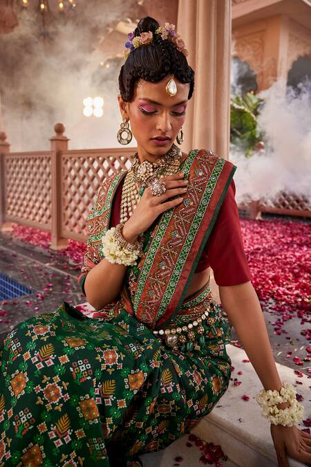 Shop Kaaisha By Shalini Green Brocade, Silk Patola Print Banarasi Saree With Unstitched Blouse Piece Online at Aza Fashions Shop_Kaaisha By Shalini_Green Brocade, Silk Patola Print Banarasi Saree With Unstitched Blouse Piece_Online_at_Aza_Fashions