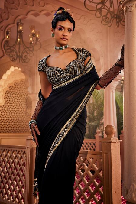 Shop_Kaaisha By Shalini_Black Georgette Sequins, Beads, Cut Work, Border Embroidered Saree With Blouse_Online_at_Aza_Fashions