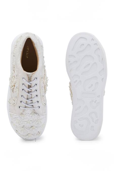 Shop_Anaar_White Audrey Lace And Crochet Flowers Wedding Sneakers _Online_at_Aza_Fashions