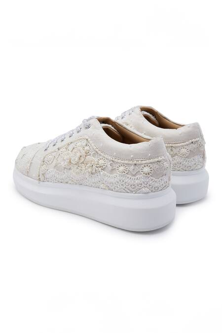 Anaar_White Audrey Lace And Crochet Flowers Wedding Sneakers _at_Aza_Fashions