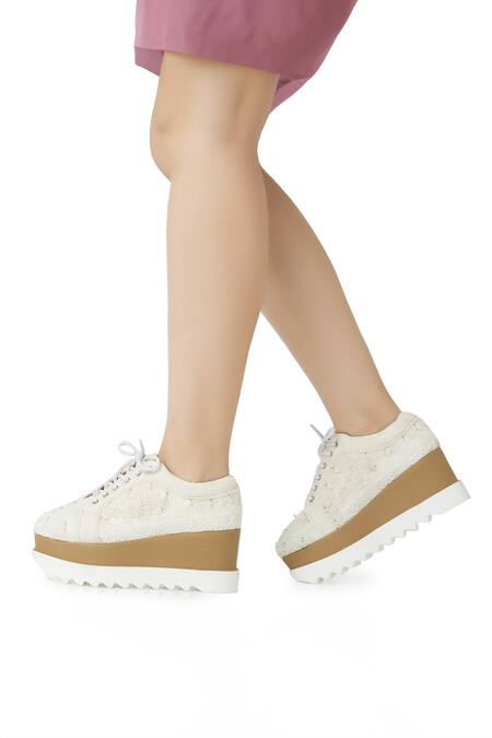 Anaar White Audrey Crochet Lace Flowers Wedding Wedge Sneakers 2