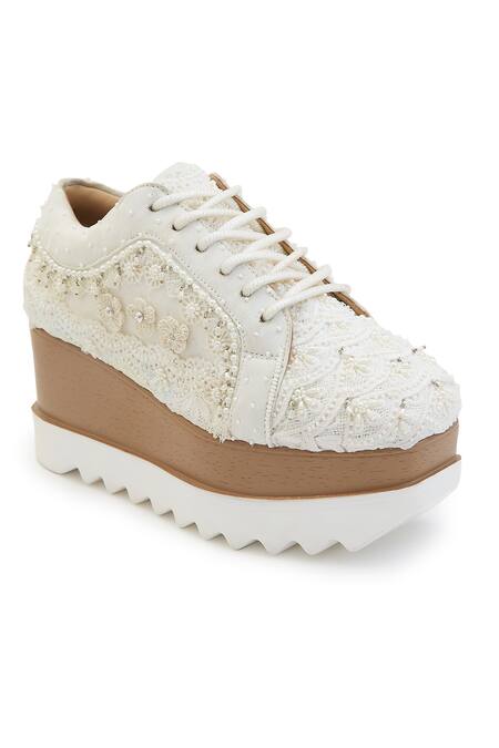 Anaar White Audrey Crochet Lace Flowers Wedding Wedge Sneakers 3