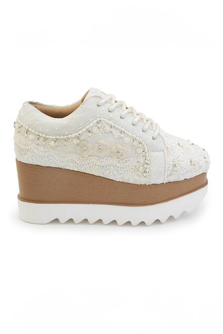 Anaar White Audrey Crochet Lace Flowers Wedding Wedge Sneakers 4