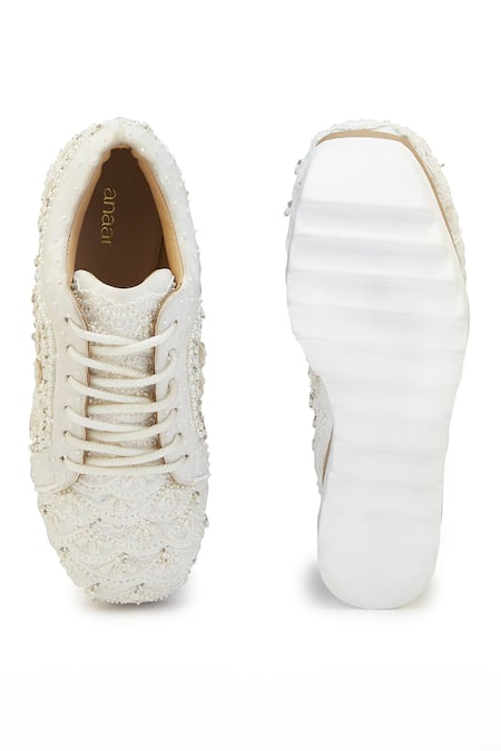 Anaar White Audrey Crochet Lace Flowers Wedding Wedge Sneakers 5