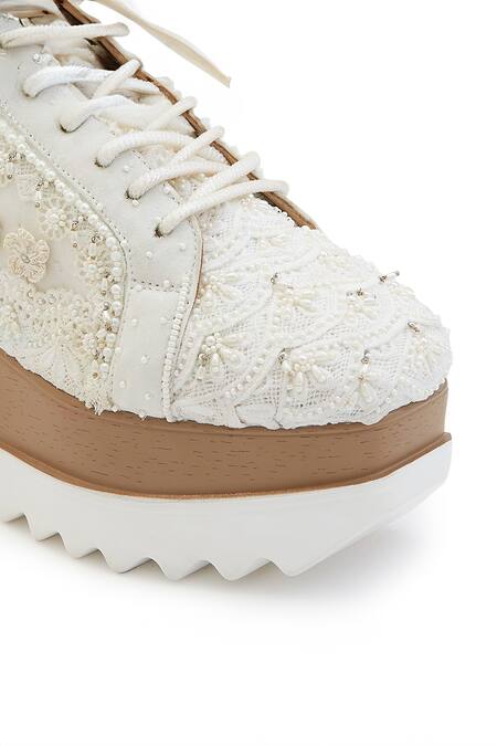 Anaar White Audrey Crochet Lace Flowers Wedding Wedge Sneakers 6