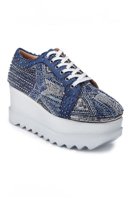Anaar_Blue Cut Work, Sequins, Beads Crescendo Wedding Wedge Sneakers _Online_at_Aza_Fashions
