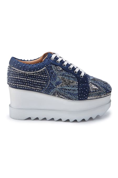 Buy_Anaar_Blue Cut Work, Sequins, Beads Crescendo Wedding Wedge Sneakers _Online_at_Aza_Fashions