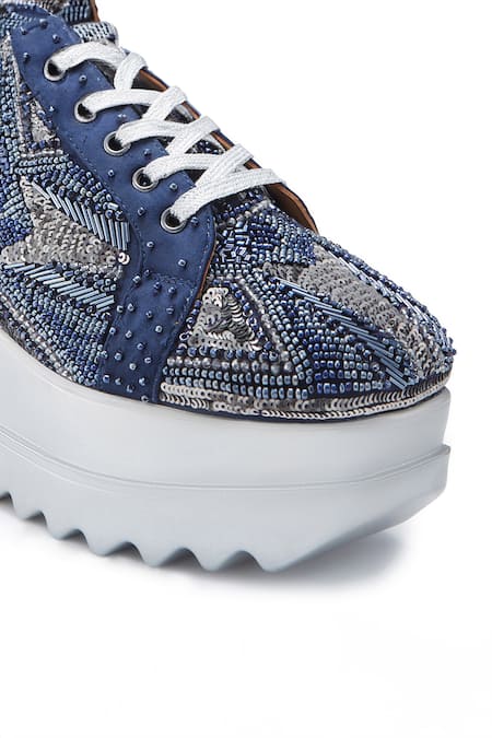 Anaar_Blue Cut Work, Sequins, Beads Crescendo Wedding Wedge Sneakers _at_Aza_Fashions