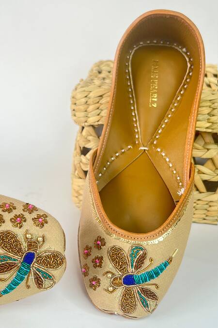 Pixie Pearlz_Beige Dragonfly Fly Embellished Juttis _Online_at_Aza_Fashions