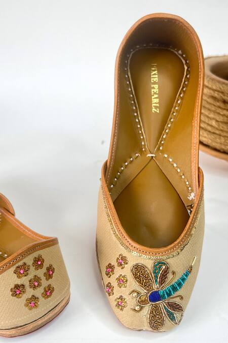 Shop_Pixie Pearlz_Beige Dragonfly Fly Embellished Juttis _Online_at_Aza_Fashions