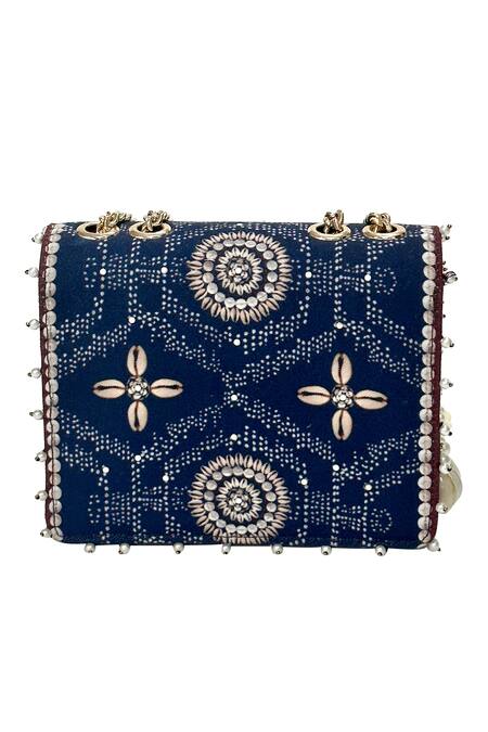 Shop_The Garnish Company_Black Cowrie Shells Mira Zohra Print Sling Bag _at_Aza_Fashions