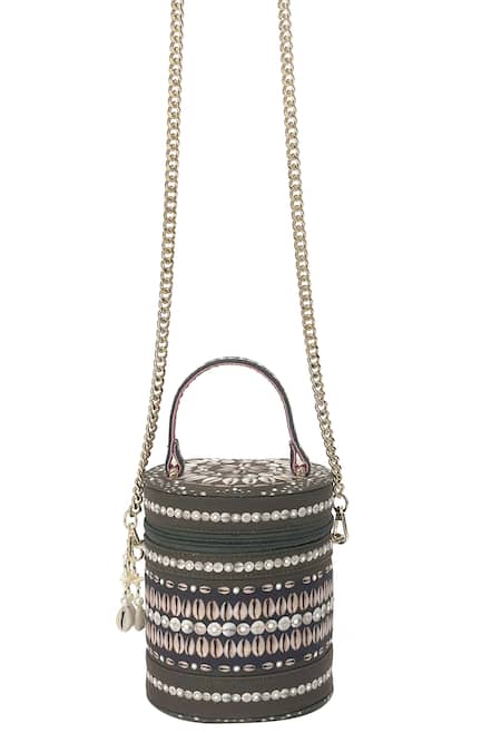 Shop The Garnish Company Green Cowrie Shells Isha Zohra Print Embellished Cylinder Bag at Aza Fashions Shop_The Garnish Company_Green Cowrie Shells Isha Zohra Print Embellished Cylinder Bag _at_Aza_Fashions