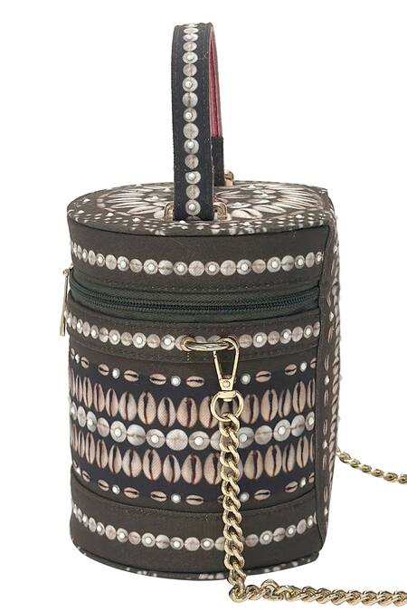 Buy The Garnish Company Green Cowrie Shells Isha Zohra Print Embellished Cylinder Bag Online at Aza Fashions Buy_The Garnish Company_Green Cowrie Shells Isha Zohra Print Embellished Cylinder Bag _Online_at_Aza_Fashions
