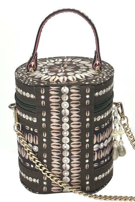 Shop The Garnish Company Green Cowrie Shells Isha Zohra Print Embellished Cylinder Bag Online at Aza Fashions Shop_The Garnish Company_Green Cowrie Shells Isha Zohra Print Embellished Cylinder Bag _Online_at_Aza_Fashions