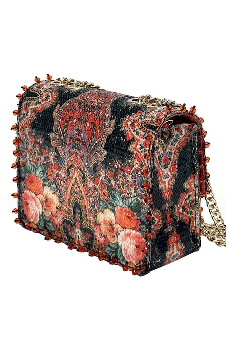 Shop The Garnish Company Black Sequin Amelia Mon Amour Blossomy Print Sling Bag at Aza Fashions Shop_The Garnish Company_Black Sequin Amelia Mon Amour Blossomy Print Sling Bag _at_Aza_Fashions