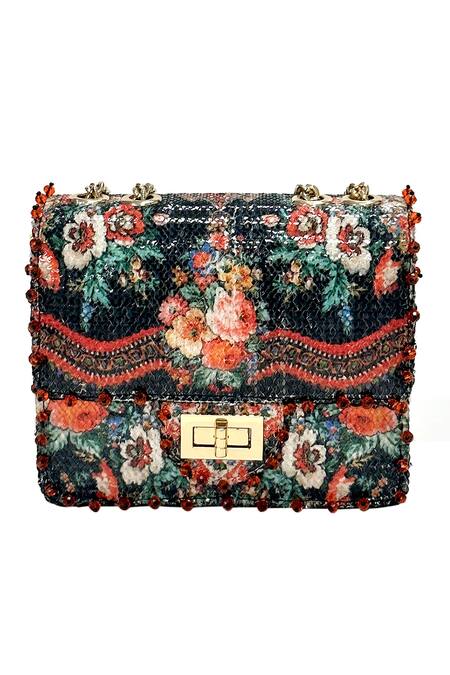 The Garnish Company Black Sequin Amelia Mon Amour Blossomy Print Sling Bag Online at Aza Fashions The Garnish Company_Black Sequin Amelia Mon Amour Blossomy Print Sling Bag _Online_at_Aza_Fashions