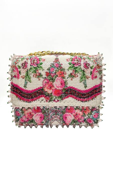 The Garnish Company_White Sequin Amelia Mon Amour Flora Print Sling Bag _Online_at_Aza_Fashions
