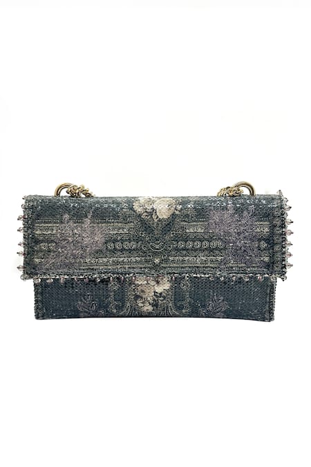 The Garnish Company Black Sequin Elara Musk Rose Print Foldover Chain Clutch 