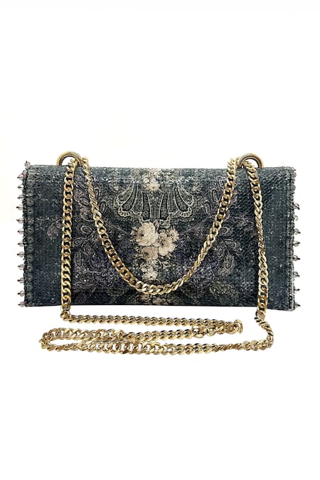 Shop_The Garnish Company_Black Sequin Elara Musk Rose Print Foldover Chain Clutch _at_Aza_Fashions
