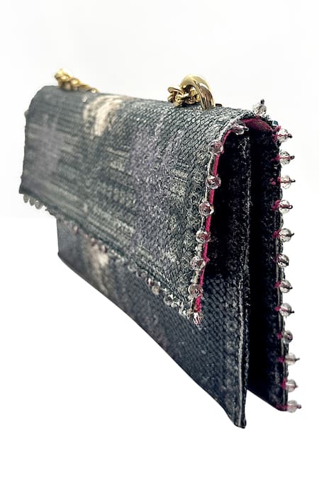 The Garnish Company_Black Sequin Elara Musk Rose Print Foldover Chain Clutch _Online_at_Aza_Fashions