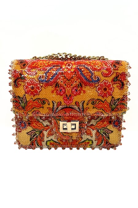 The Garnish Company Yellow Sequin Hellios Paisley Bloom Print Turn Lock Bag 