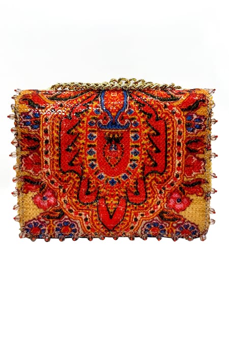 Shop The Garnish Company Yellow Sequin Hellios Paisley Bloom Print Turn Lock Bag at Aza Fashions Shop_The Garnish Company_Yellow Sequin Hellios Paisley Bloom Print Turn Lock Bag _at_Aza_Fashions