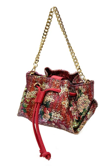 The Garnish Company Red Sequin Zaran Florid Drawstring Bag 