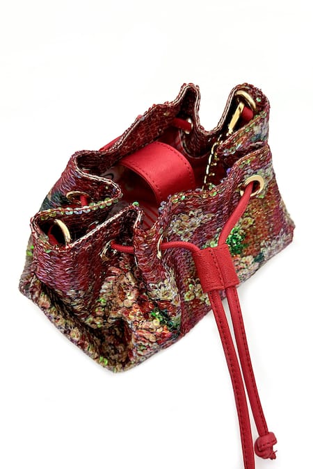 Shop The Garnish Company Red Sequin Zaran Florid Drawstring Bag at Aza Fashions Shop_The Garnish Company_Red Sequin Zaran Florid Drawstring Bag _at_Aza_Fashions