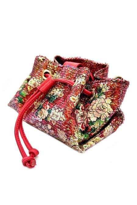 The Garnish Company Red Sequin Zaran Florid Drawstring Bag Online at Aza Fashions The Garnish Company_Red Sequin Zaran Florid Drawstring Bag _Online_at_Aza_Fashions