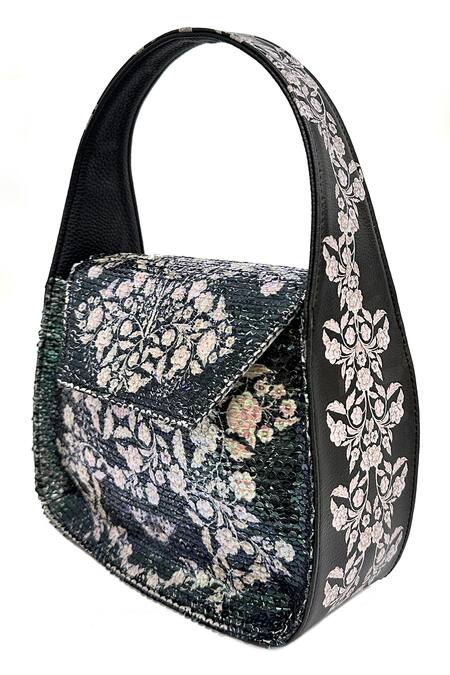 The Garnish Company Black Sequin Zari Boho Fleur Handle Square Bag Online at Aza Fashions The Garnish Company_Black Sequin Zari Boho Fleur Handle Square Bag _Online_at_Aza_Fashions