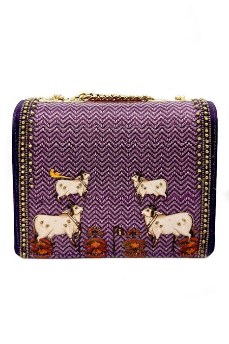 Shop The Garnish Company Purple Beads Khillari Gomata Print Turn Lock Bag at Aza Fashions Shop_The Garnish Company_Purple Beads Khillari Gomata Print Turn Lock Bag _at_Aza_Fashions