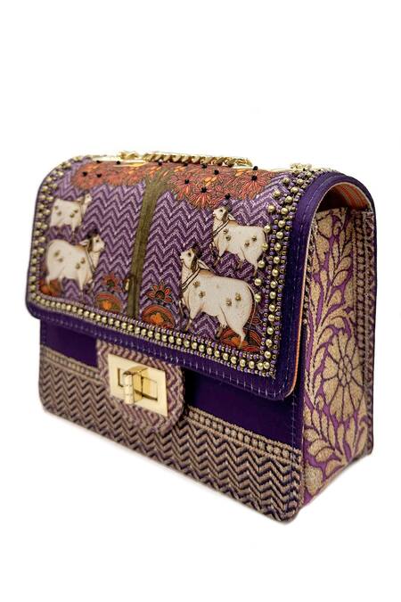 The Garnish Company Purple Beads Khillari Gomata Print Turn Lock Bag Online at Aza Fashions The Garnish Company_Purple Beads Khillari Gomata Print Turn Lock Bag _Online_at_Aza_Fashions