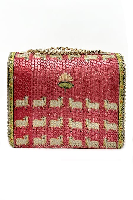 Shop The Garnish Company Orange Kama Kanha Ji Print Sling Bag at Aza Fashions Shop_The Garnish Company_Orange Kama Kanha Ji Print Sling Bag _at_Aza_Fashions