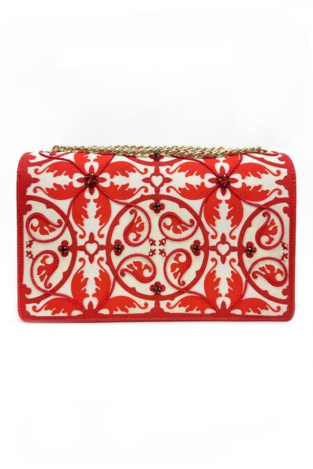 Shop The Garnish Company Red Crystal Cherry Floral Woven Sling Bag at Aza Fashions Shop_The Garnish Company_Red Crystal Cherry Floral Woven Sling Bag _at_Aza_Fashions