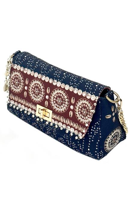 The Garnish Company Black Pearl Asher Bandhej And Shell Print Sling Bag Online at Aza Fashions The Garnish Company_Black Pearl Asher Bandhej And Shell Print Sling Bag _Online_at_Aza_Fashions