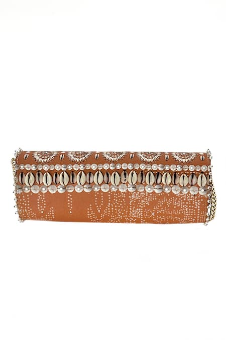 Shop_The Garnish Company_Beige Pearl Sasha Shell Print Long Tote Bag _at_Aza_Fashions