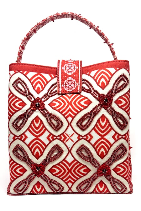 Shop The Garnish Company Red Crystal Typographic Print Bucket Bag at Aza Fashions Shop_The Garnish Company_Red Crystal Typographic Print Bucket Bag _at_Aza_Fashions