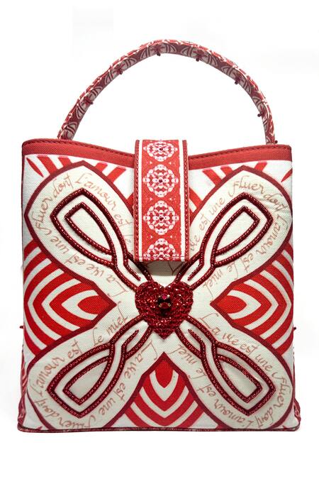 The Garnish Company Red Crystal Typographic Print Bucket Bag Online at Aza Fashions The Garnish Company_Red Crystal Typographic Print Bucket Bag _Online_at_Aza_Fashions