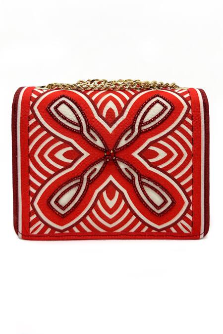 Shop The Garnish Company Red Crystal Carmine Monochromatic Tile Print Bag at Aza Fashions Shop_The Garnish Company_Red Crystal Carmine Monochromatic Tile Print Bag _at_Aza_Fashions