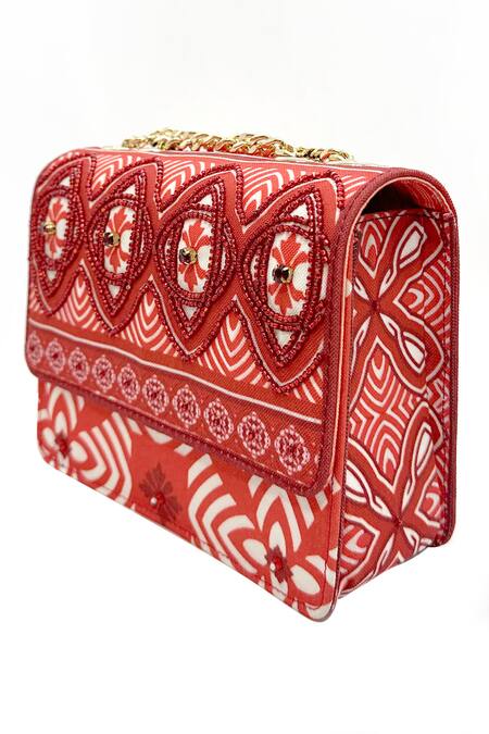 The Garnish Company Red Crystal Carmine Monochromatic Tile Print Bag Online at Aza Fashions The Garnish Company_Red Crystal Carmine Monochromatic Tile Print Bag _Online_at_Aza_Fashions