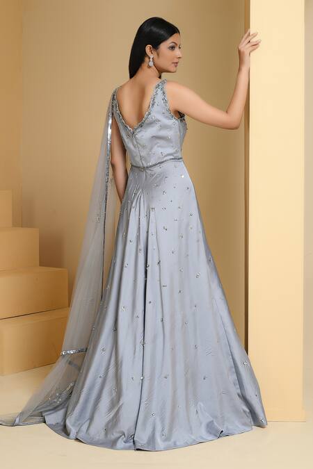 Pooja Peshoria_Silver Satin Embroidery Crystals Sweetheart And Sequin Floret Gown With Dupatta _Online_at_Aza_Fashions