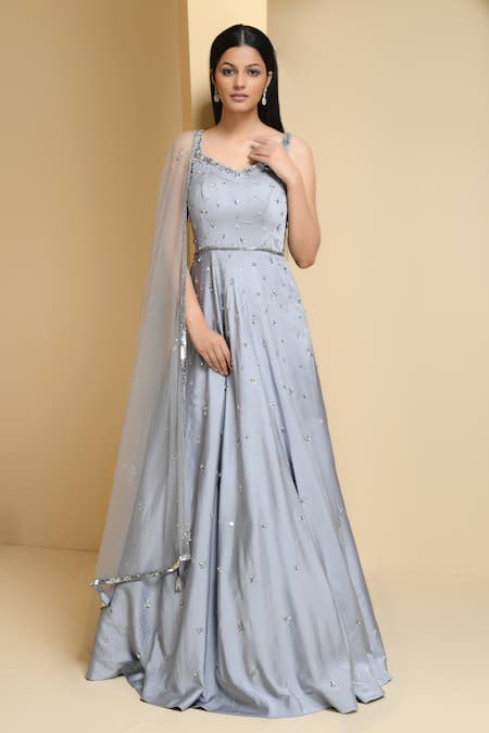 Buy_Pooja Peshoria_Silver Satin Embroidery Crystals Sweetheart And Sequin Floret Gown With Dupatta _Online_at_Aza_Fashions