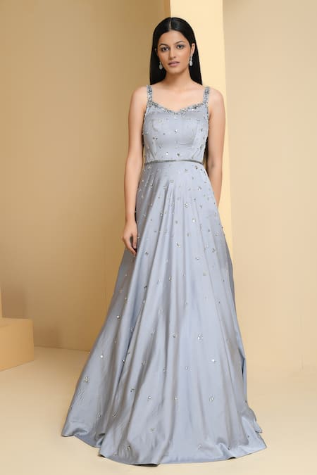 Shop_Pooja Peshoria_Silver Satin Embroidery Crystals Sweetheart And Sequin Floret Gown With Dupatta _Online_at_Aza_Fashions