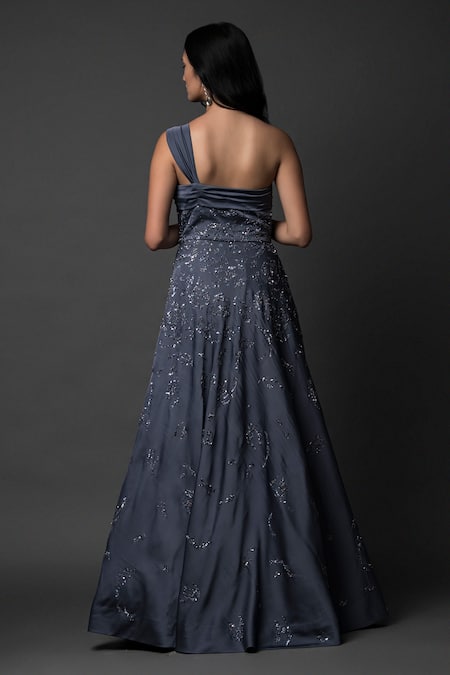 Pooja Peshoria Sequin Gardenia Embroidered One Shoulder Gown 