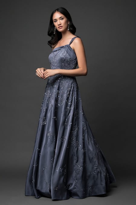 Pooja Peshoria_Silver Satin Embroidery Sequins One Shoulder Neck Gardenia Gown _at_Aza_Fashions