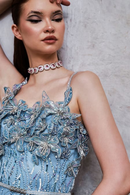 Pooja Peshoria_Blue Satin Embroidery Sequins Square Neck 3d Iris Embellished Draped Slit Gown _at_Aza_Fashions